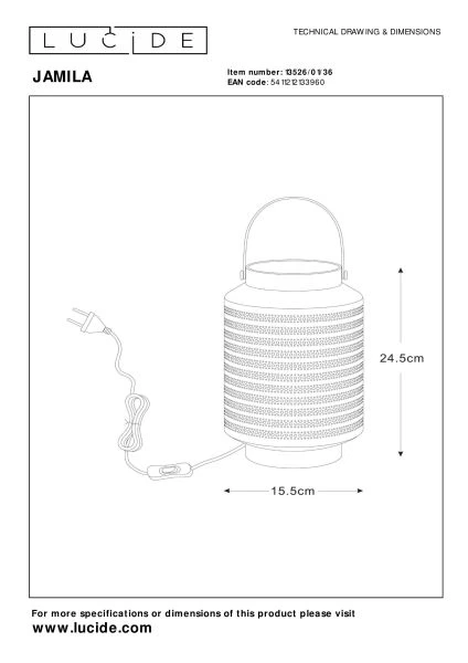 Lucide JAMILA - Tafellamp - Ø 15,5 cm - 1xE14 - Grijs - technisch